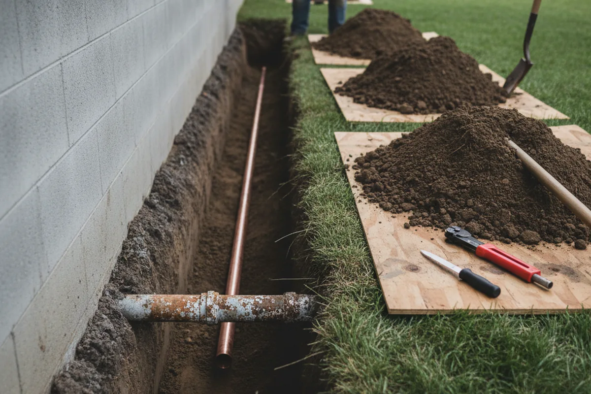 Excavated water line trench during Sewer Line Repair in Pomeroy